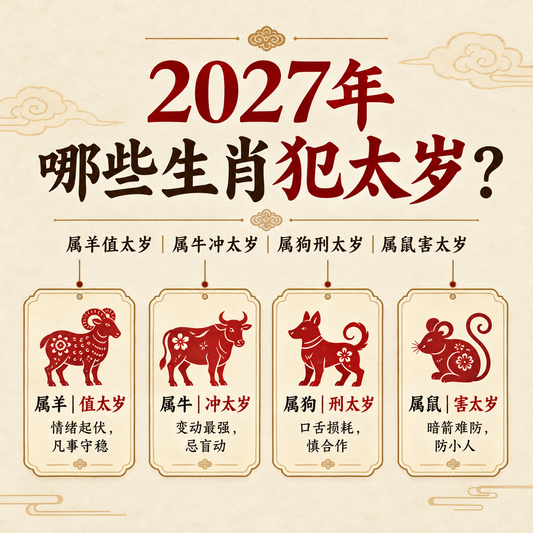 2027年哪些生肖犯太岁？丁未羊年值、冲、刑、害、破太岁解析