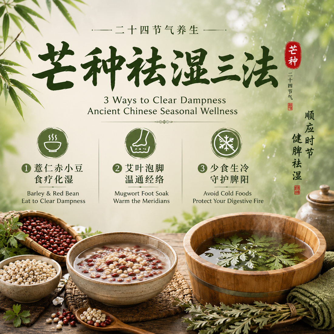 芒种祛湿三法海报，展示薏仁赤小豆祛湿汤、艾叶泡脚和少食生冷的传统节气养生方法，二十四节气芒种养生指南